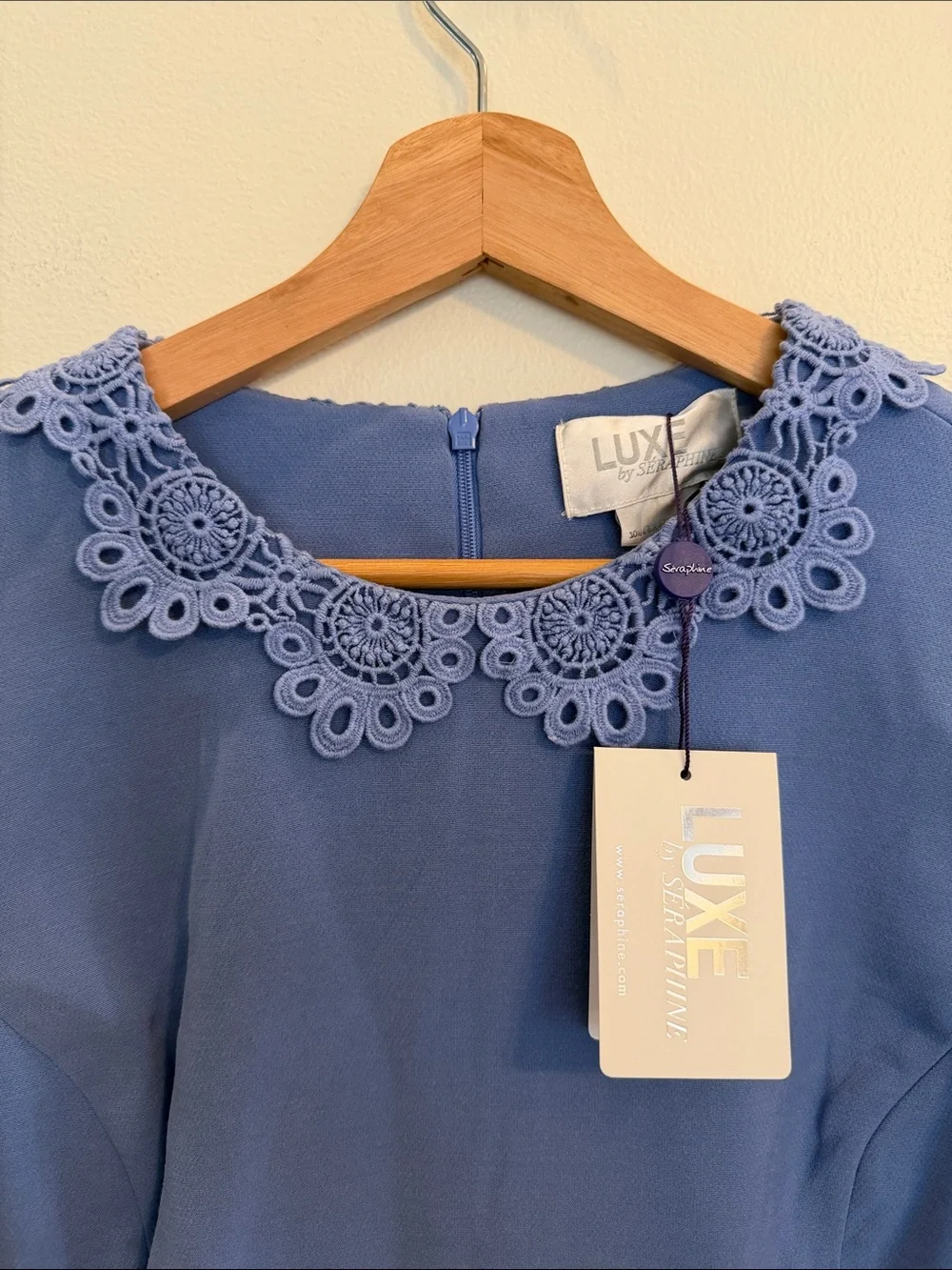 New NWT LUXE by Seraphine Juliet Crochet Collar Maternity Dress Cornflower